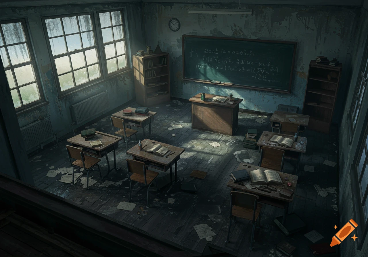Top-down view of an abandoned, dilapidated classroom with desks, chalkboard, and scattered papers, lit by sunlight.