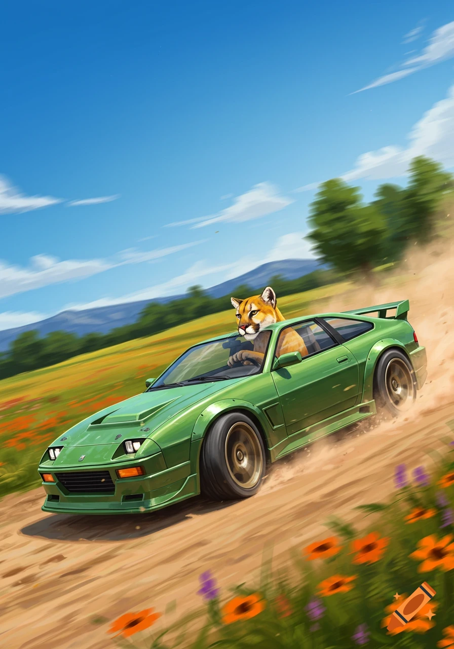 Illustrated yellow cougar drives a green sports car on a dirt road through a field of flowers under a blue sky.