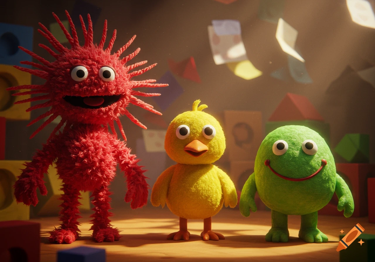 Three colorful, fuzzy puppet-like characters, a red creature, a yellow chick, and a green blob, stand in a room with toy blocks.