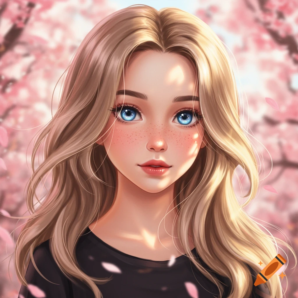 Close-up anime portrait of a girl with long blonde hair, blue eyes, and freckles, against a soft pink cherry blossom background.