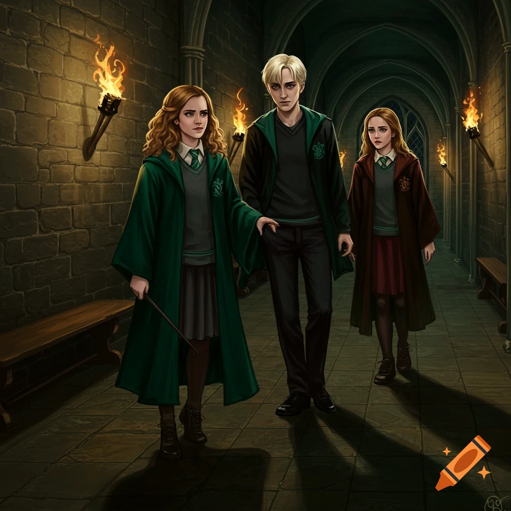 Digital painting of three young magic students, including Hermione and Draco, walking through a torch-lit castle hallway.
