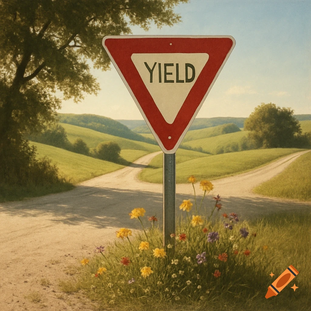 A yield traffic sign stands by a dirt road splitting into two paths, surrounded by colorful wildflowers and rolling green hills under a blue sky.