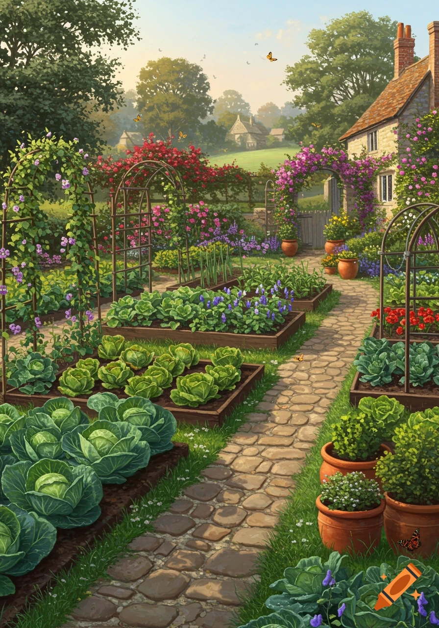 Vibrant illustration of a detailed English vegetable garden with stone paths, raised beds, and a charming cottage.