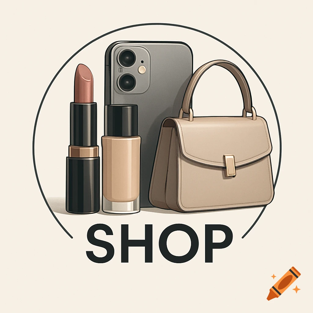 Modern logo illustration featuring a smartphone, lipstick, foundation bottle, and a small handbag within a black circle, with the word 'SHOP' below.