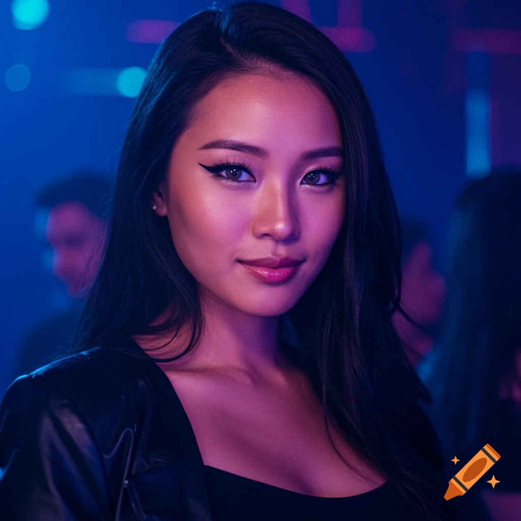 Photorealistic portrait of a young Asian woman with long dark hair, wearing a black outfit in a nightclub with blue and purple lighting.