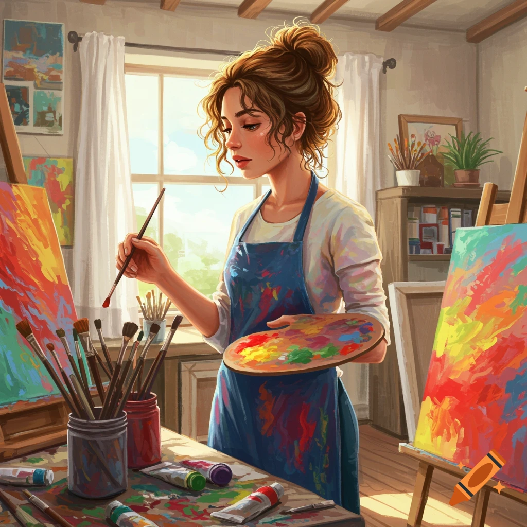 A woman with her hair in a bun, wearing an apron, paints on a canvas in a sunlit art studio, holding a palette and brush.
