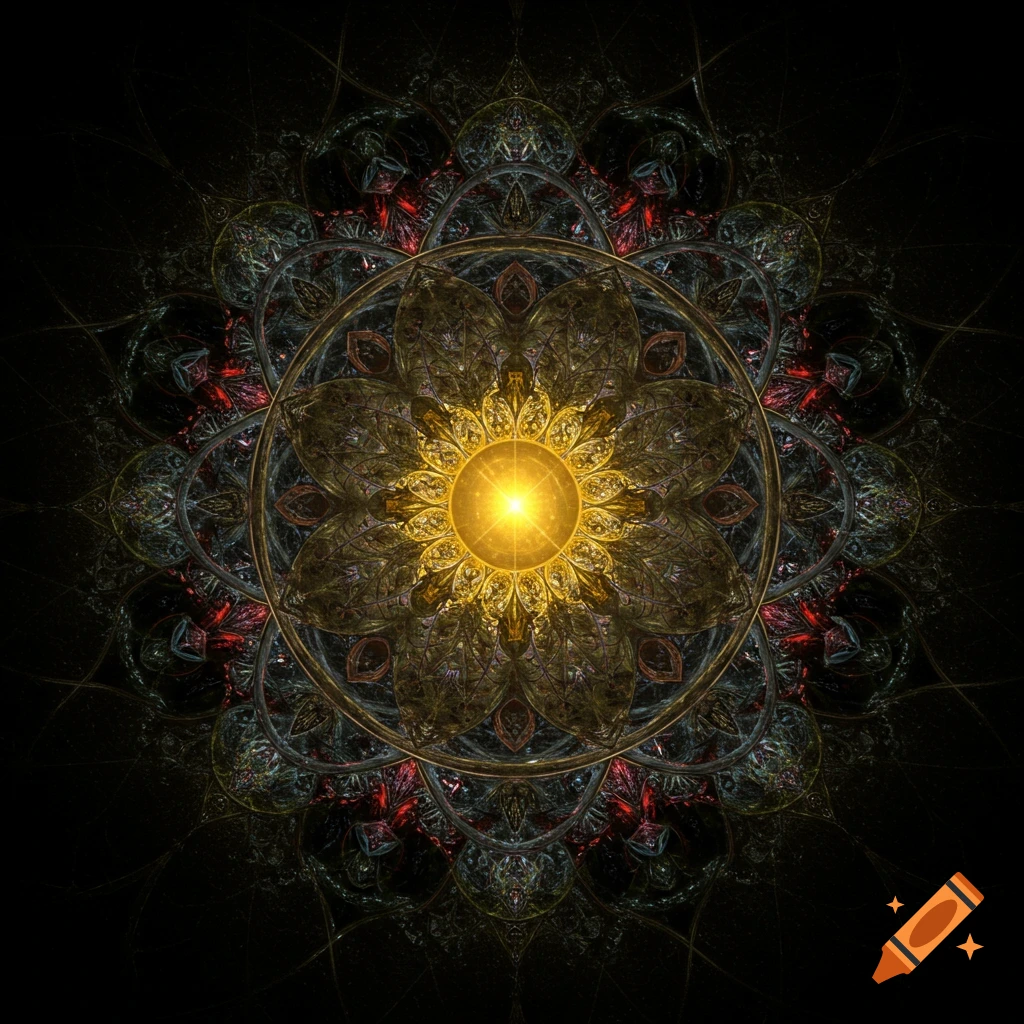 Intricate golden and dark mandala with a glowing yellow center against a black background.