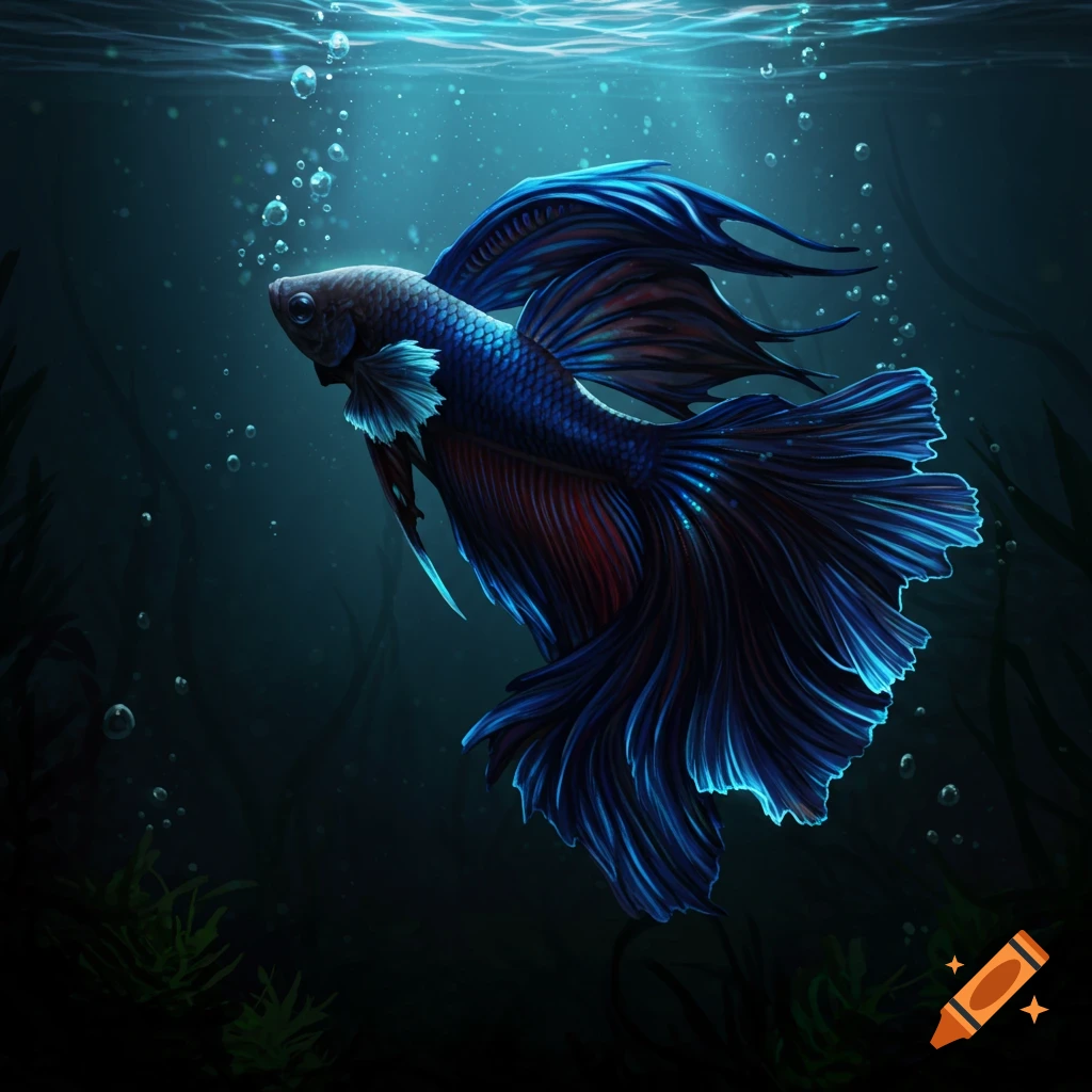 A vibrant blue and black betta fish with flowing fins swims in dark, bubbling water.
