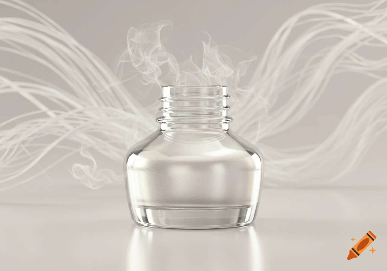 A clear glass ink bottle releasing white smoke or vapor against a light background.
