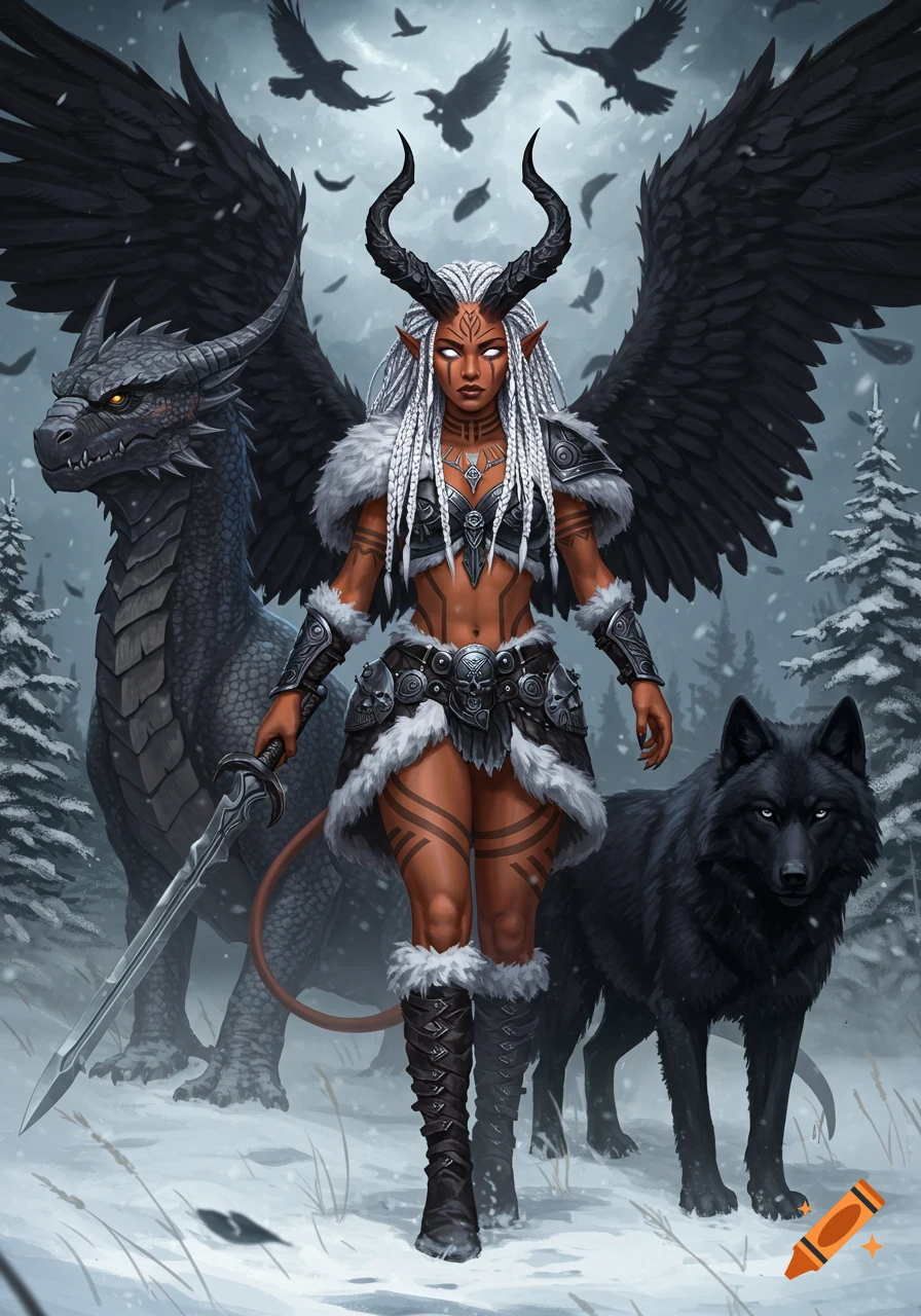 A female demon with white braided hair, black horns, and black wings, holding a sword. She stands in a snowy forest between a black dragon and a black wolf, with crows flying above.