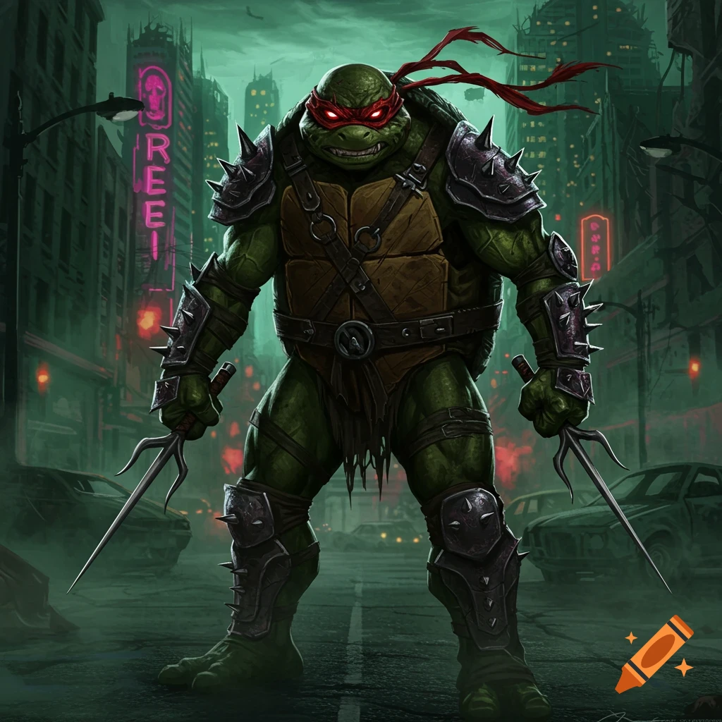 An armored, evil-looking Raphael from TMNT with glowing red eyes holds two sais in a desolate, dark city street.