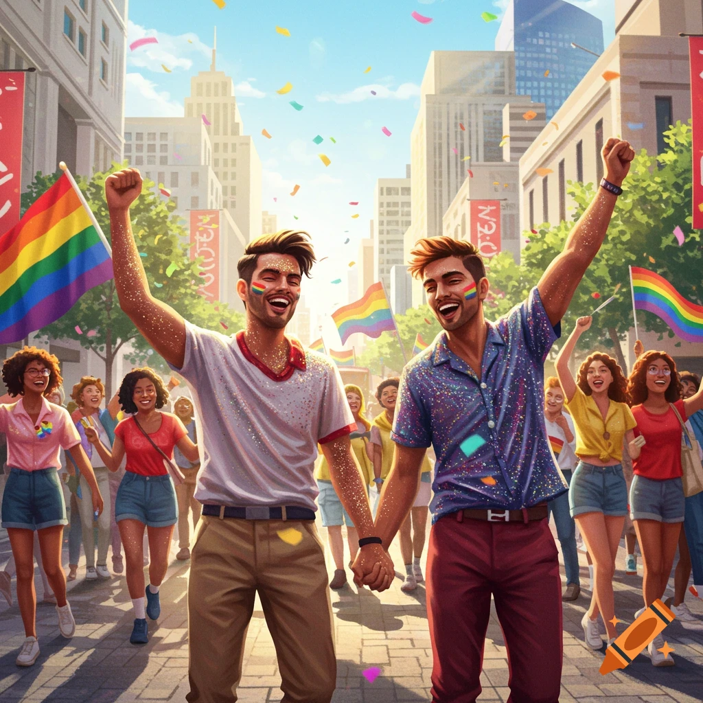 Two men hold hands and raise their fists in triumph, smiling amidst a celebratory pride parade with confetti and rainbow flags in an urban setting.
