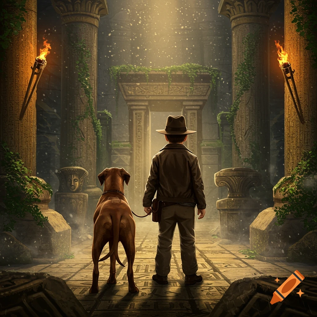A young boy in a fedora and jacket stands with a Rhodesian Ridgeback dog, facing away, in a sunlit ancient temple ruins.