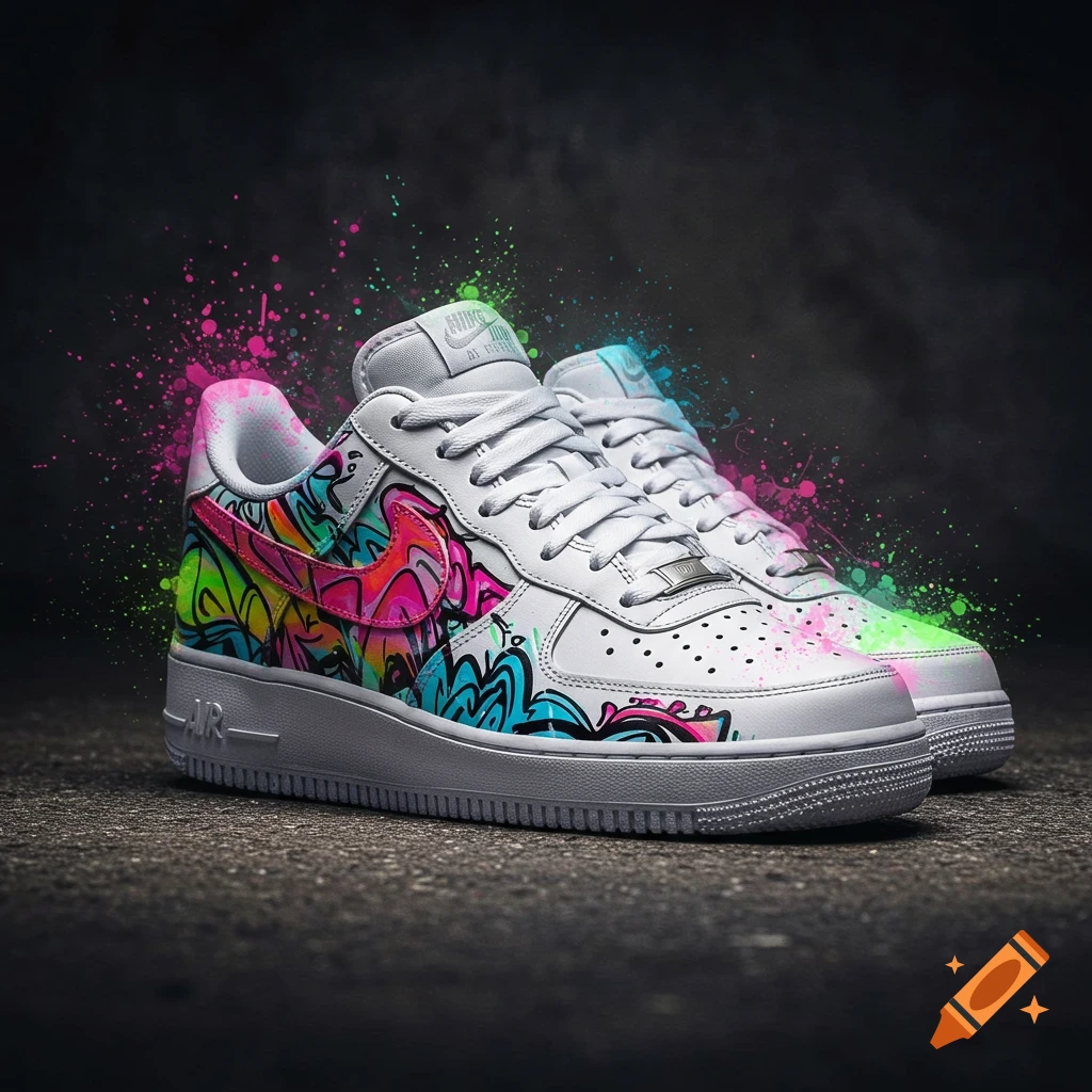 A pair of white Nike Air Force 1 sneakers with vibrant, abstract graffiti art in pink, green, and blue, set on a dark, textured surface.