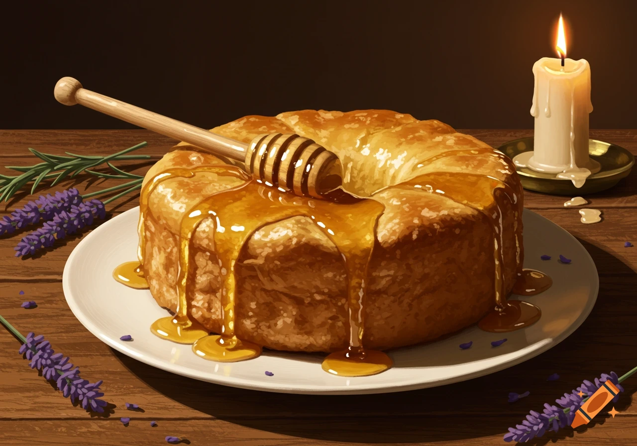 A honey-drizzled round loaf with a dipper, a lit candle, and lavender sprigs on a wooden table.