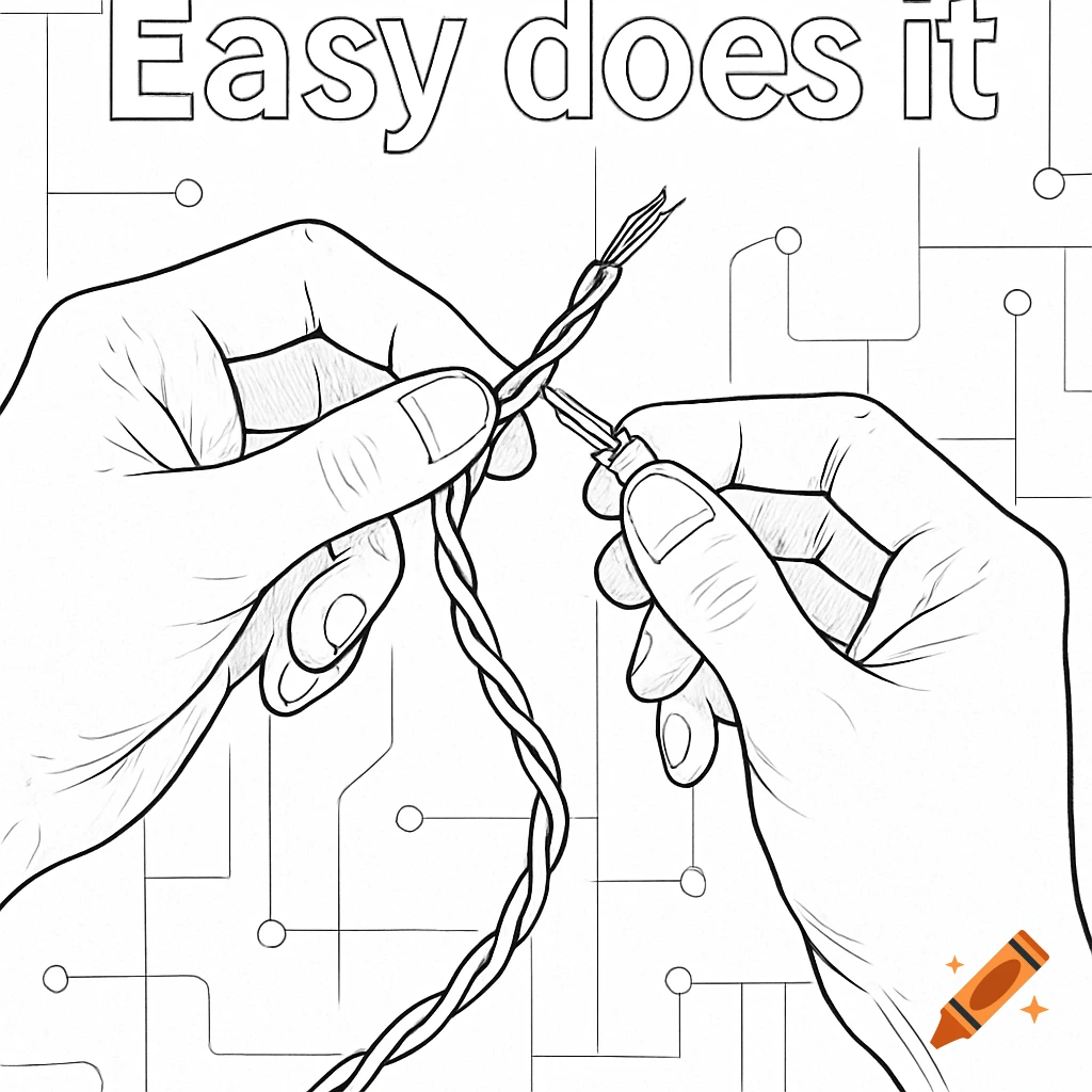 Black and white line art illustration of hands connecting two wires, with 'Easy does it' text above and a circuit board background.