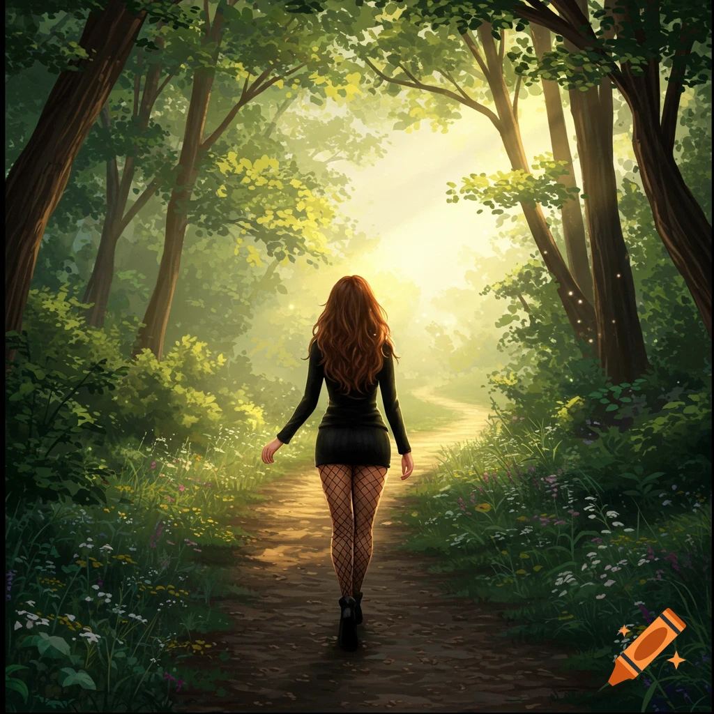 A woman with long red hair, seen from behind, walks on a dirt path through a lush forest bathed in sunlight, in a digital painting style.
