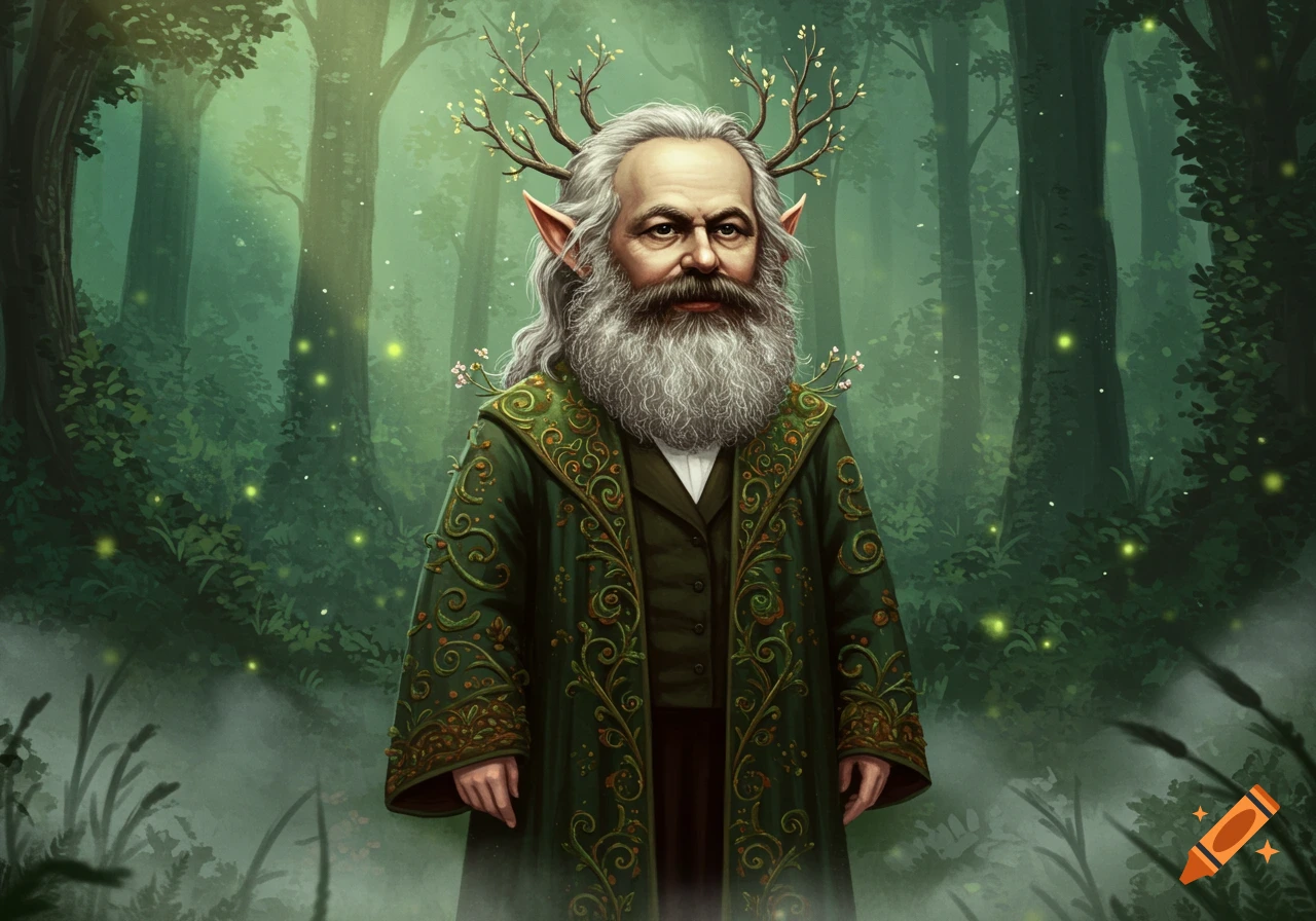 Fantasy portrait of Karl Marx as an elf with a long beard, branch antlers, and a green robe in a mystical forest.