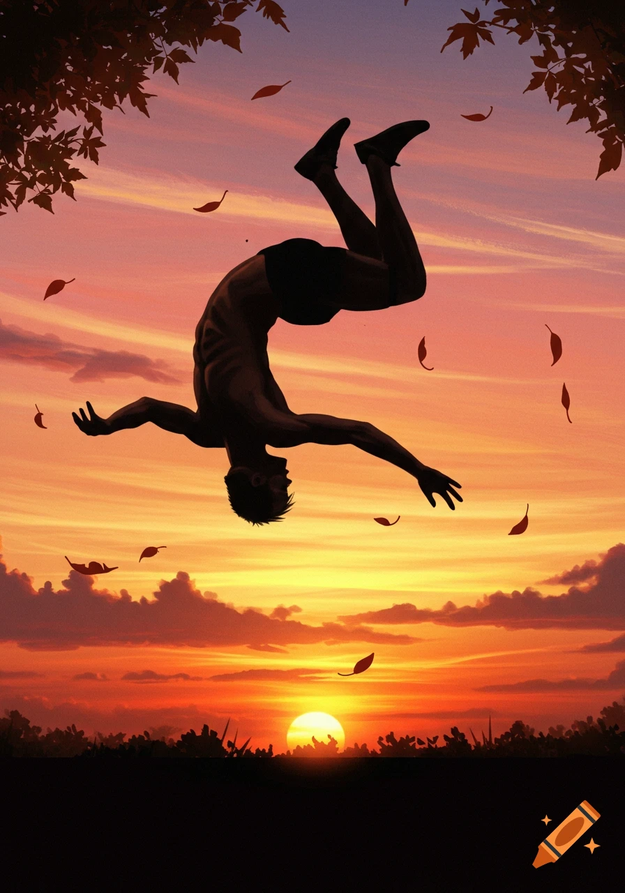 A silhouetted person performs a backflip against a vibrant orange and purple sunset sky with falling leaves.