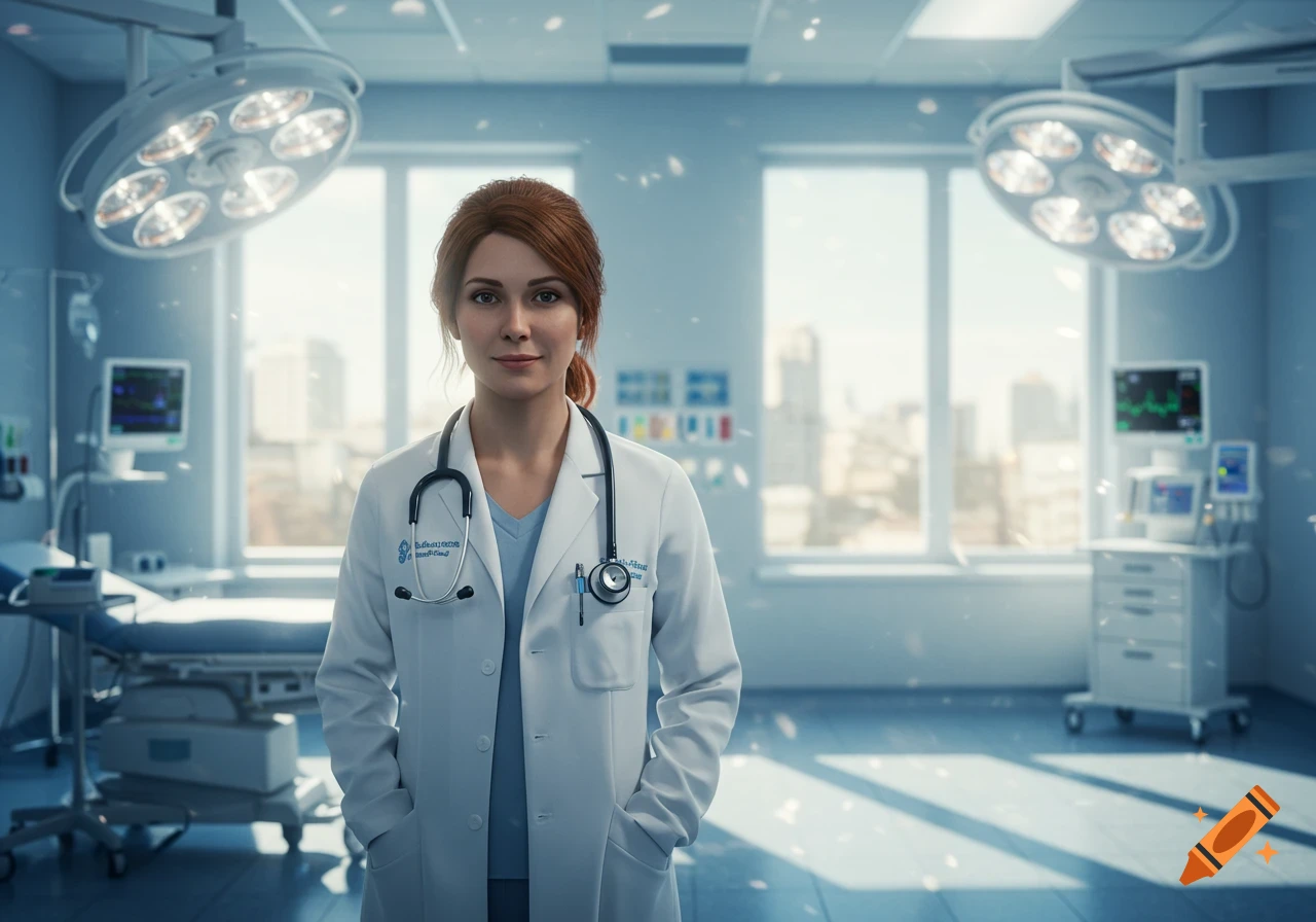 A female doctor in a white lab coat and stethoscope stands smiling in a bright, modern hospital room.