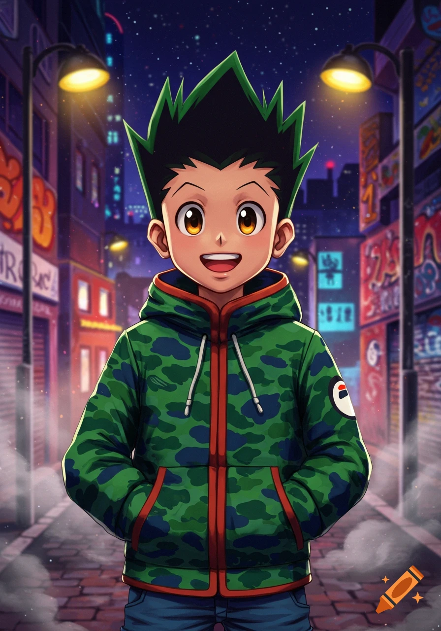 An anime character, Gon from Hunter X Hunter, in a green camouflage hoodie standing on a city street at night.