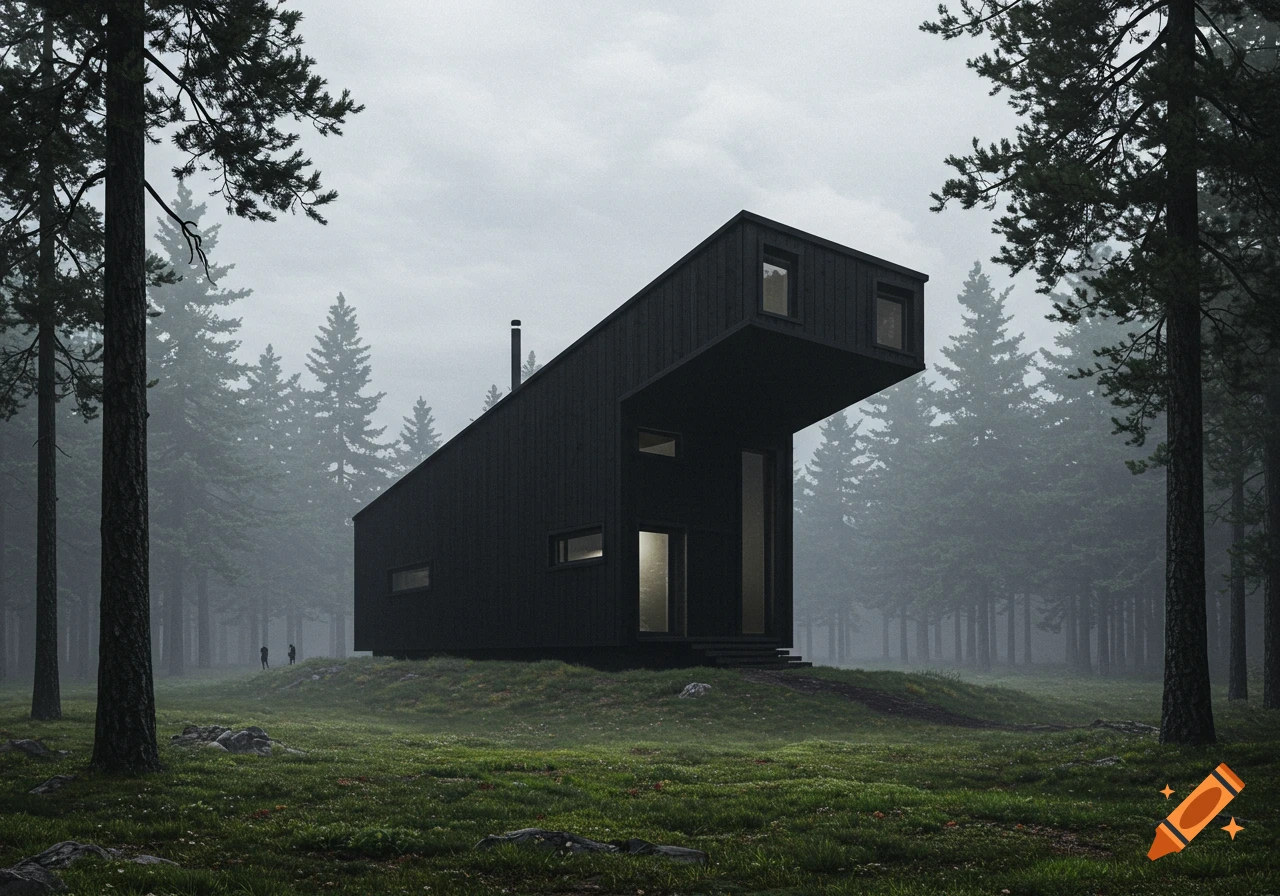 A modern black cabin with a unique linear roof stands in a misty, dark forest.