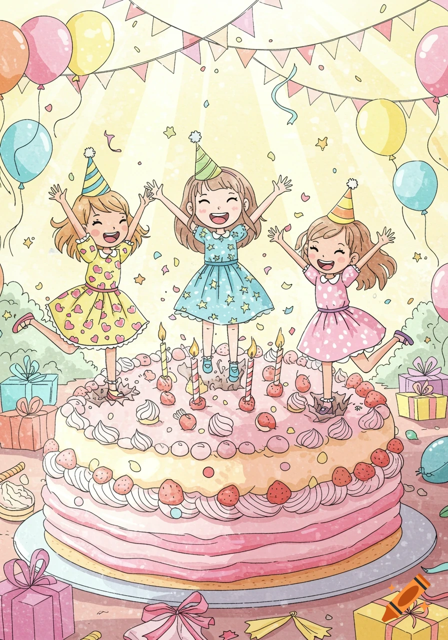 Three happy cartoon girls in party hats on a giant birthday cake with balloons and confetti, in a cheerful illustration style.