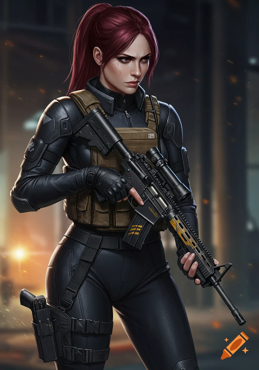 A woman soldier with dark red hair in a ponytail, wearing a black tactical suit and vest, holding an M4 rifle with gold stripes.