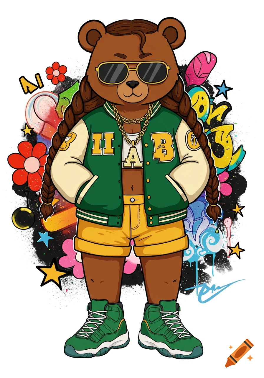 A cartoon bear in sunglasses, varsity jacket, shorts, and sneakers, with braided hair and a gold chain, set against a colorful graffiti background.