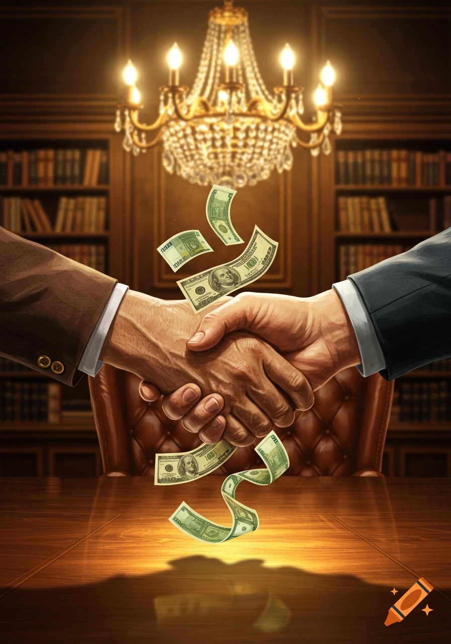 Illustration of two hands shaking over a table with money floating around them, in a formal study with a chandelier.