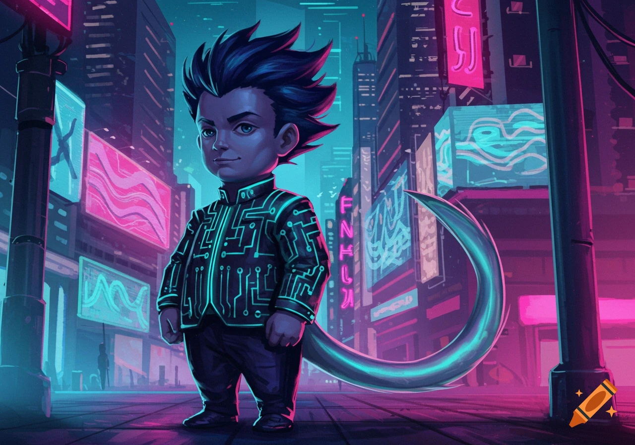A stylized boy with dark blue spiky hair and a long tail stands in a vibrant neon cyberpunk city at night.