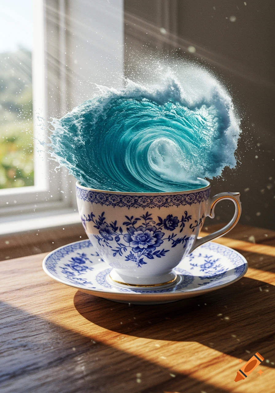 A blue ocean wave splashes out of a delicate white and blue floral teacup and saucer on a sunlit wooden table.