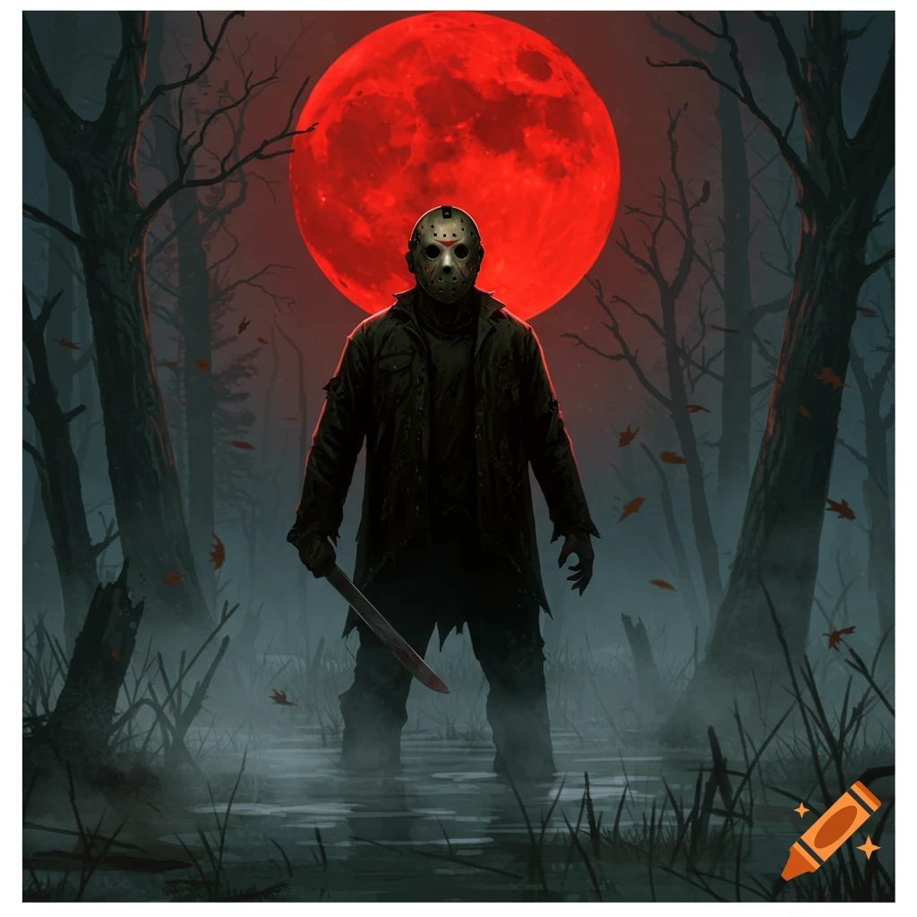 Jason Voorhees stands with a bloody machete in a dark, foggy swamp under a large red moon. Stylized horror illustration.