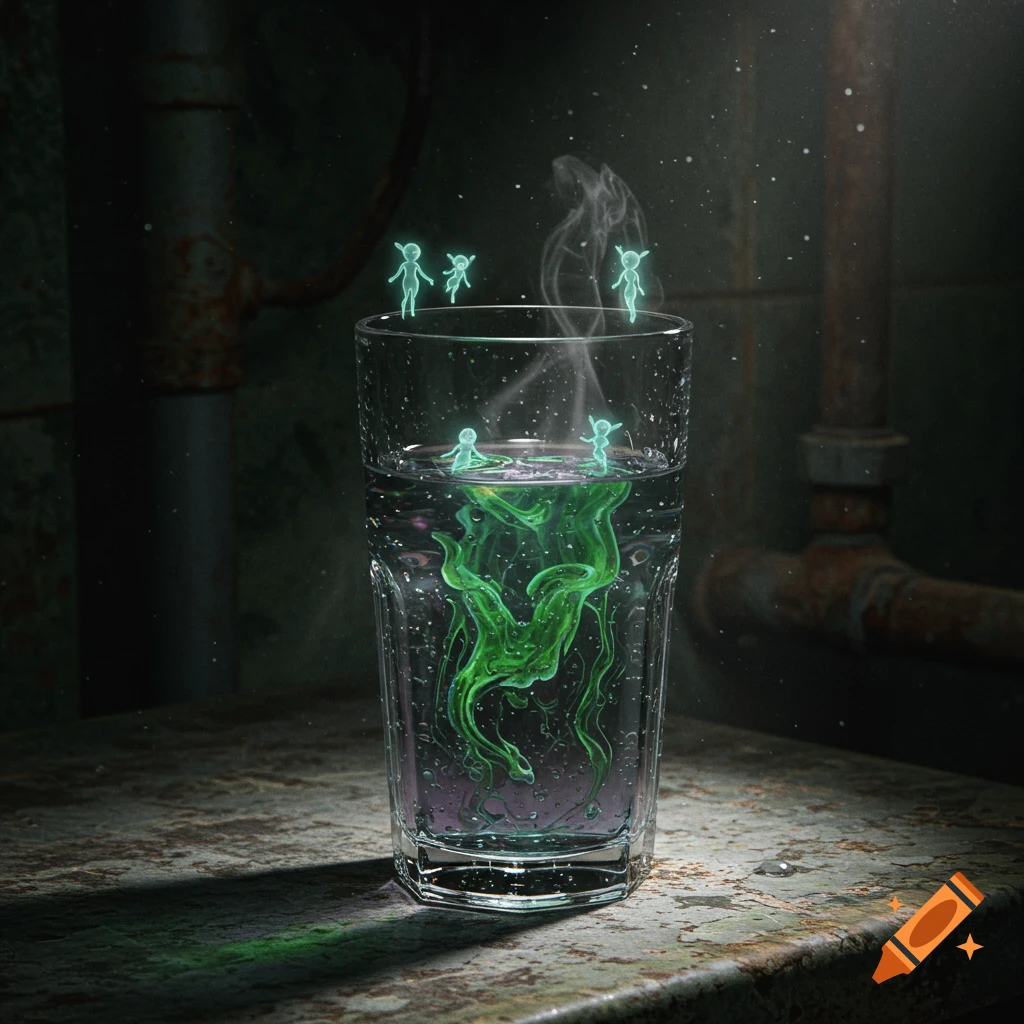 A glass of water contains swirling green liquid and small glowing fairy-like figures in a dark, grimy room.