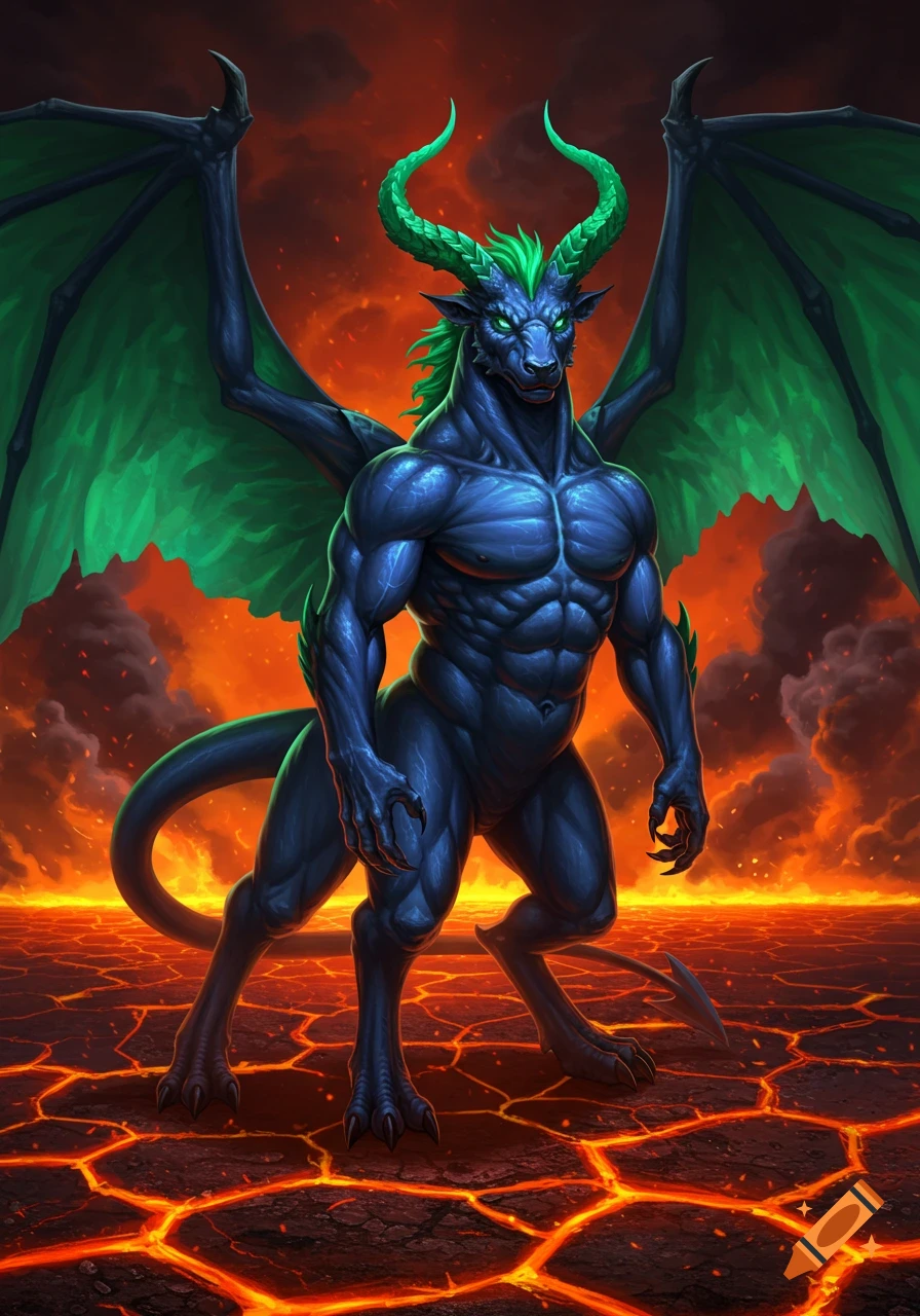 A muscular blue creature with green horns and wings stands on cracked, glowing orange ground under a fiery red sky.