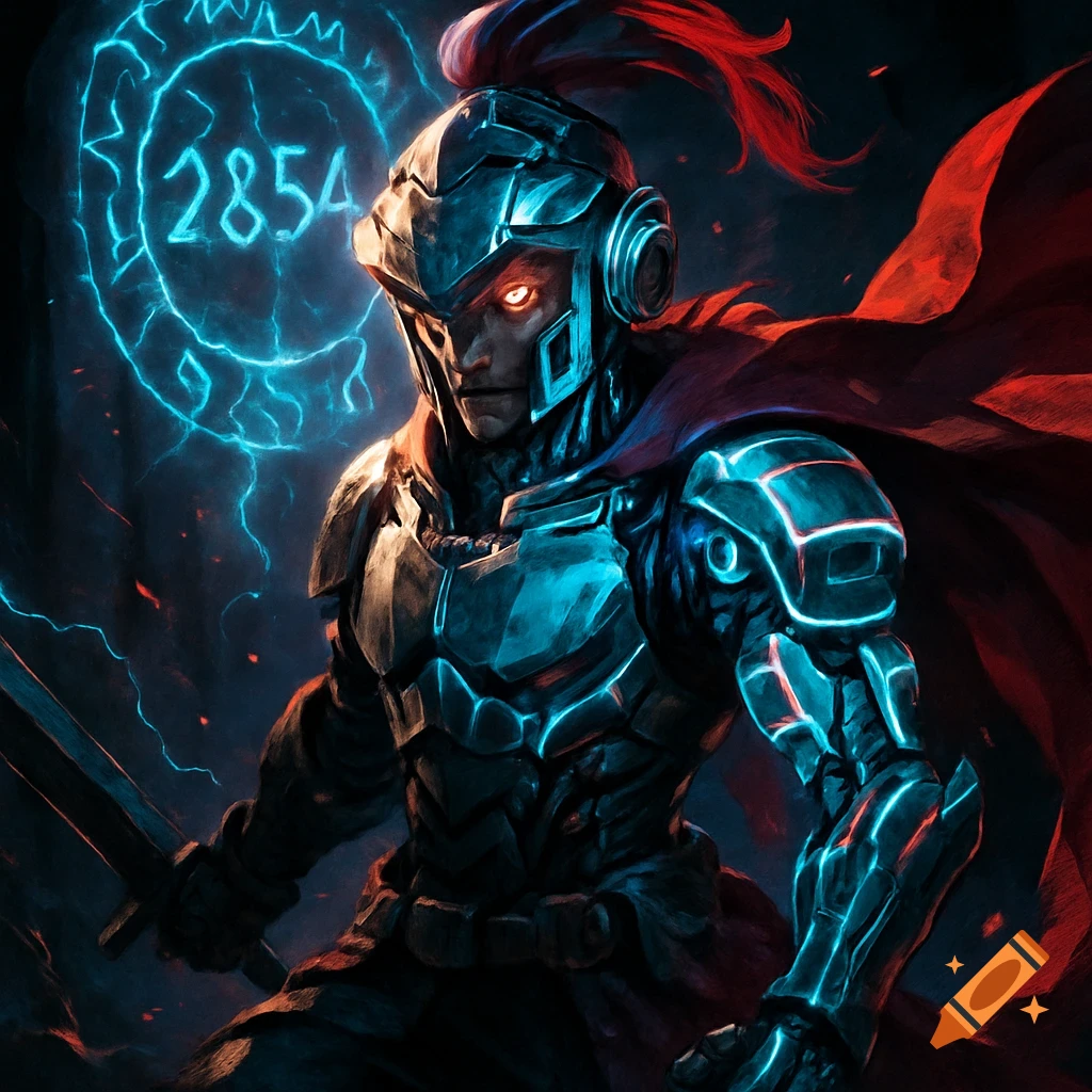 An anime-style fantasy warrior in glowing neon armor, red cape, and plume, holding a sword, with a glowing blue rune '2854' behind them.