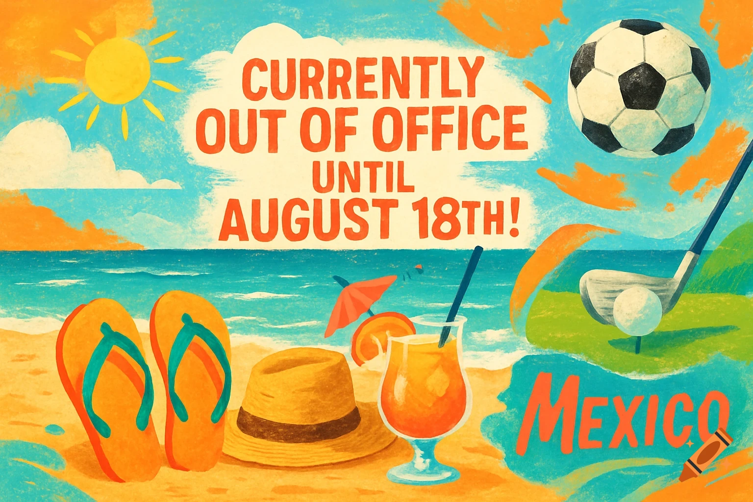Colorful illustration for an out-of-office message, with beach items, sports equipment, and text about a Mexico vacation until August 18th.