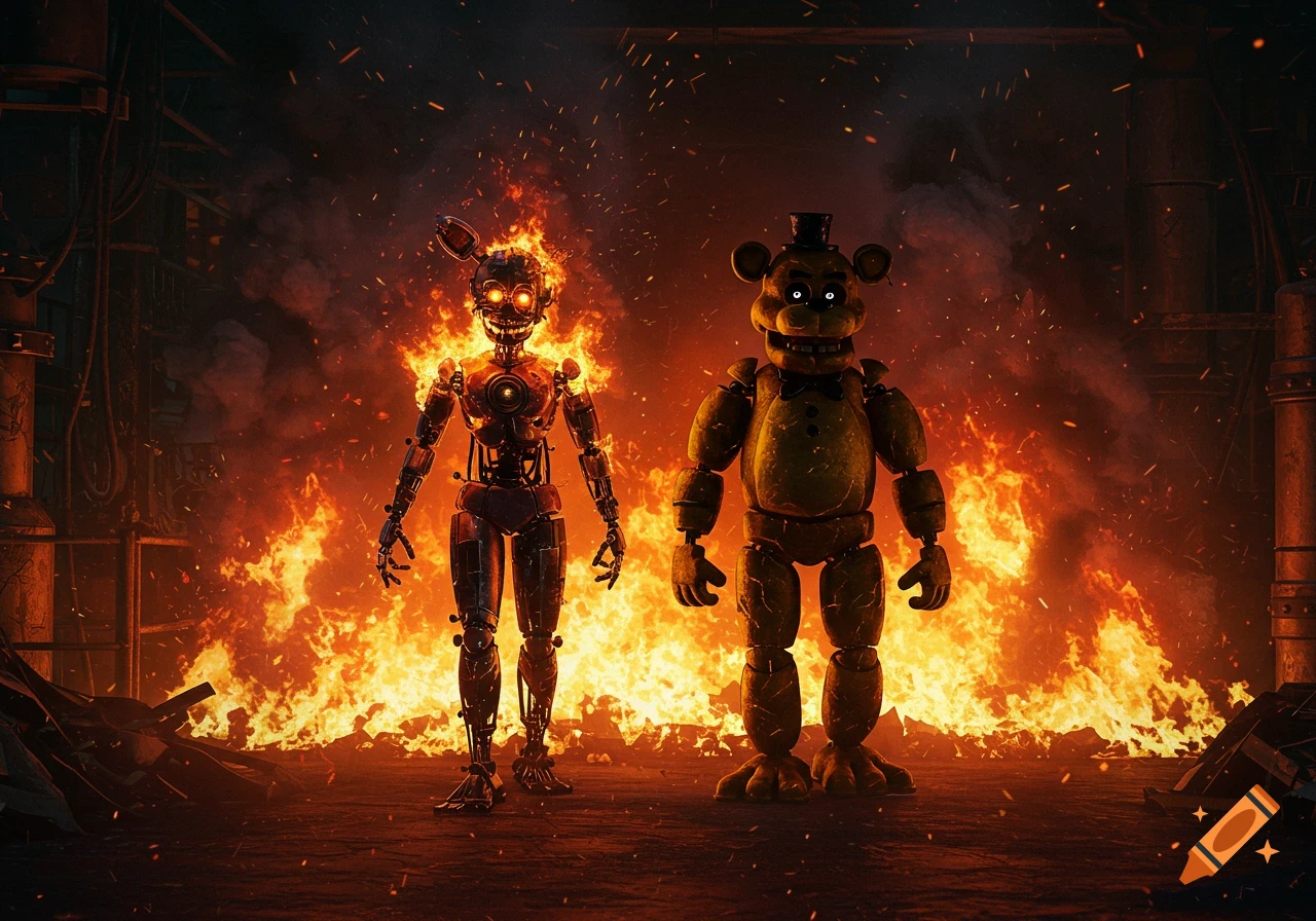 A golden bear animatronic and a skeletal robot engulfed in flames stand in a burning industrial setting.