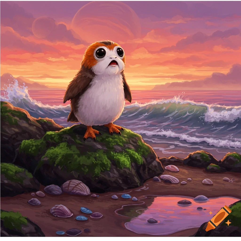 A cute Porg stands on a mossy rock on a beach at sunset, with waves crashing and planets in the sky.