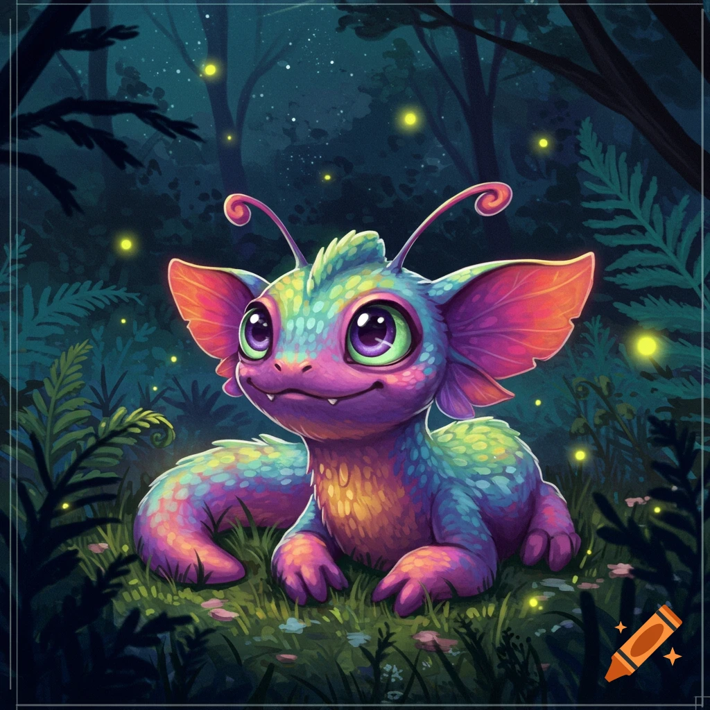 A cute, colorful, cartoon-style fantasy creature with large ears and antennae sits in a dark, glowing forest at night.