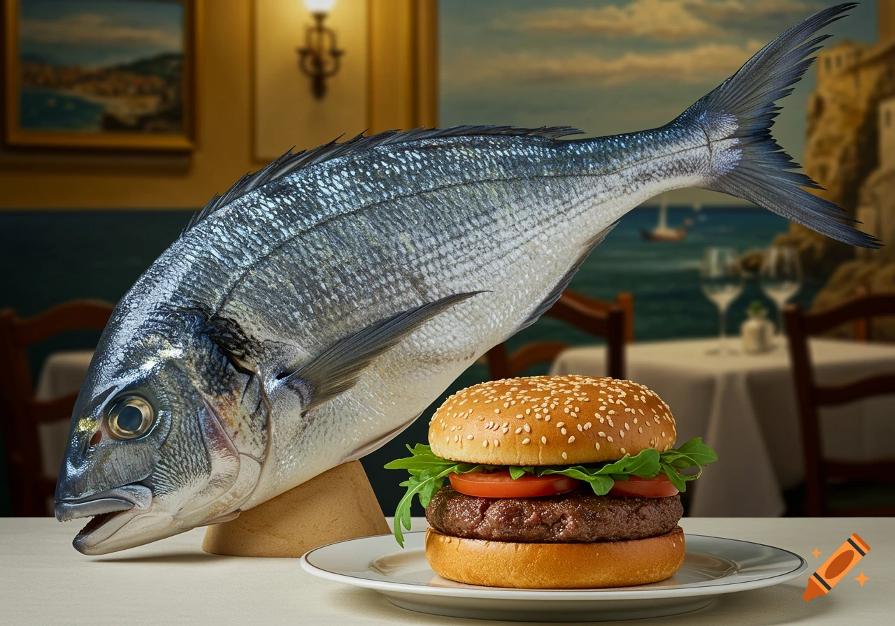 A large whole fish stands upright next to a hamburger on a white plate, set on a table in a restaurant.