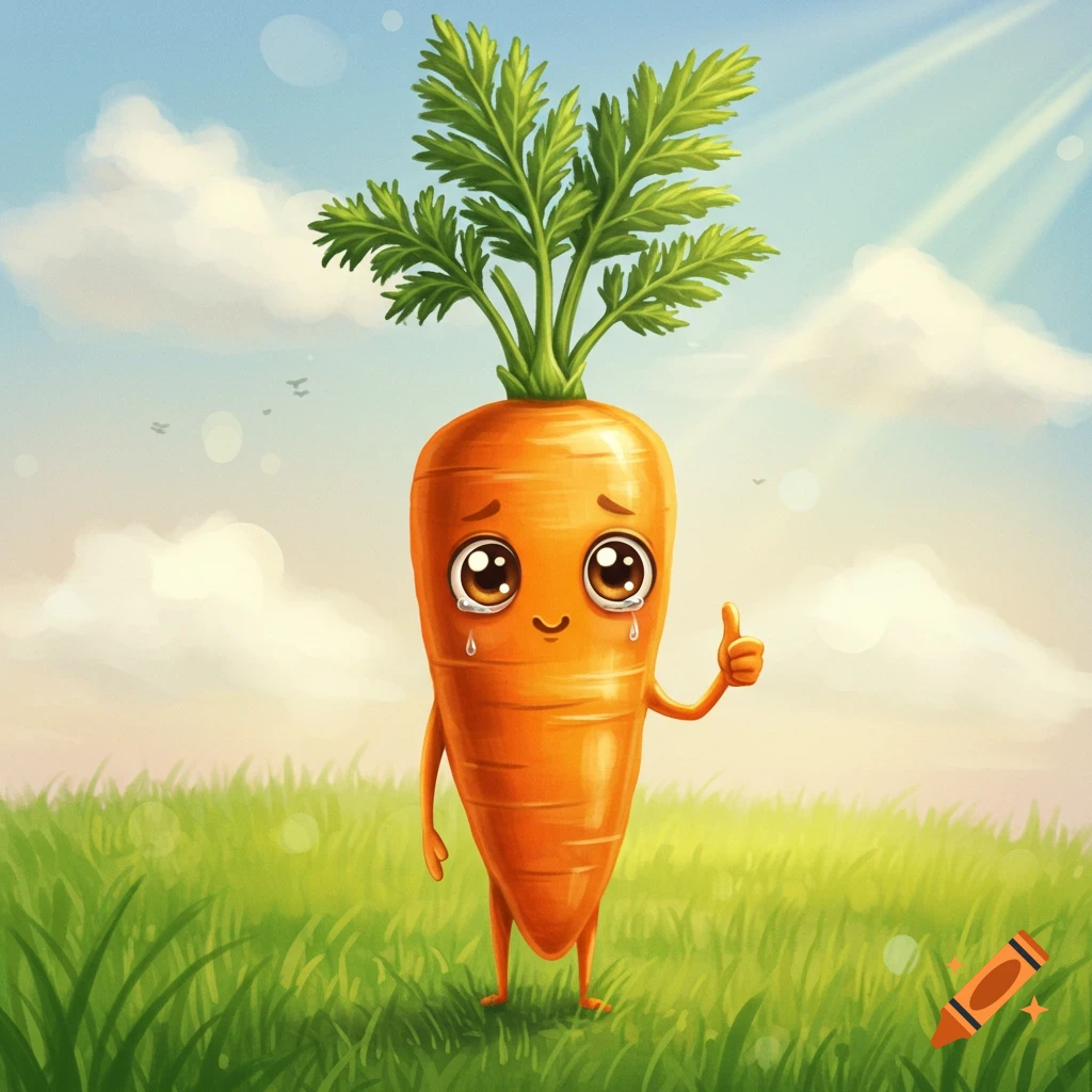 Cute cartoon carrot with teary eyes giving a thumbs-up in a sunny green field.