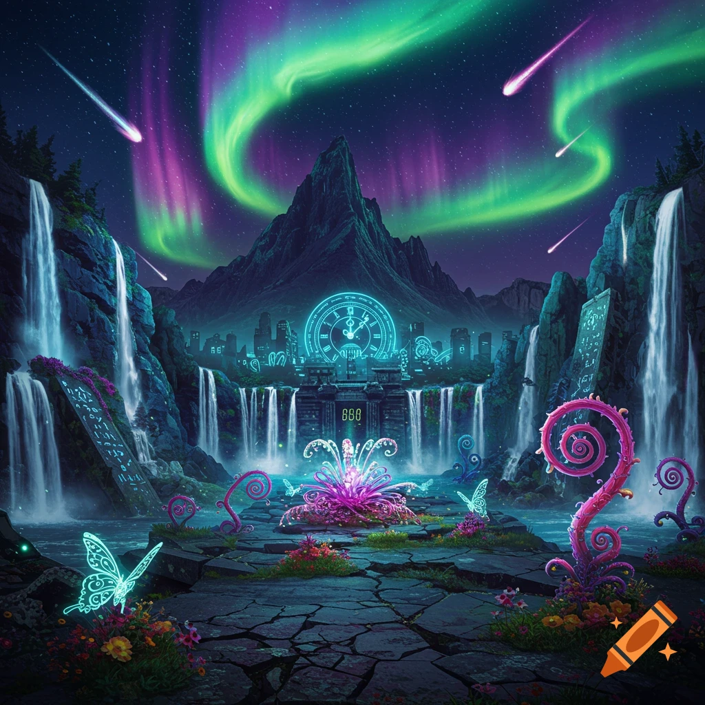 A vibrant fantasy landscape with glowing waterfalls, mountains, and a futuristic city under a green and purple aurora borealis, with neon flora and butterflies.