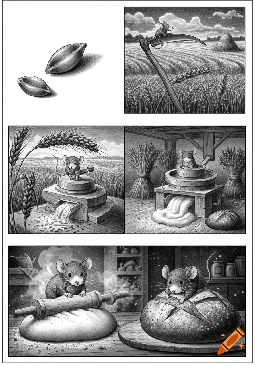 Black and white multi-panel illustration showing a mouse participating in the process of making bread from wheat.