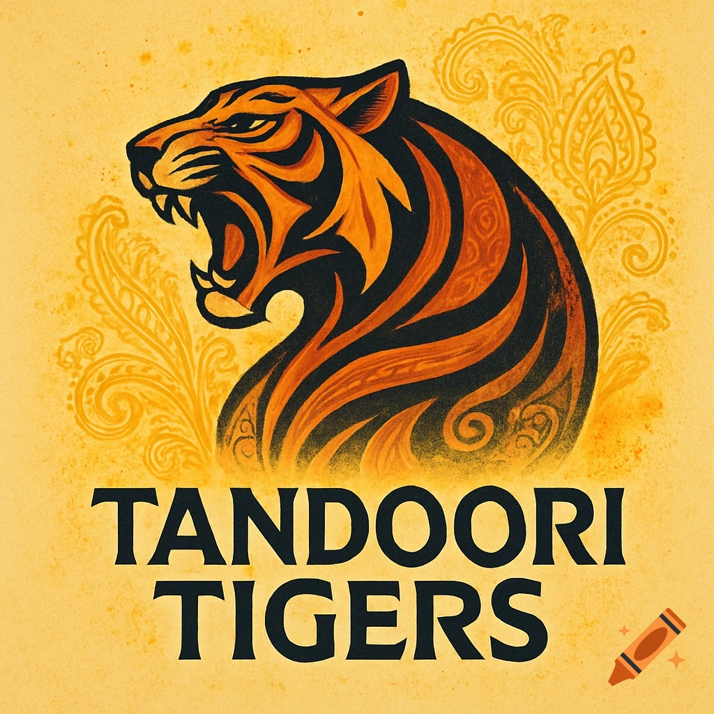 A logo featuring a stylized roaring tiger with orange and black stripes above "TANDOORI TIGERS" text on a yellow background.