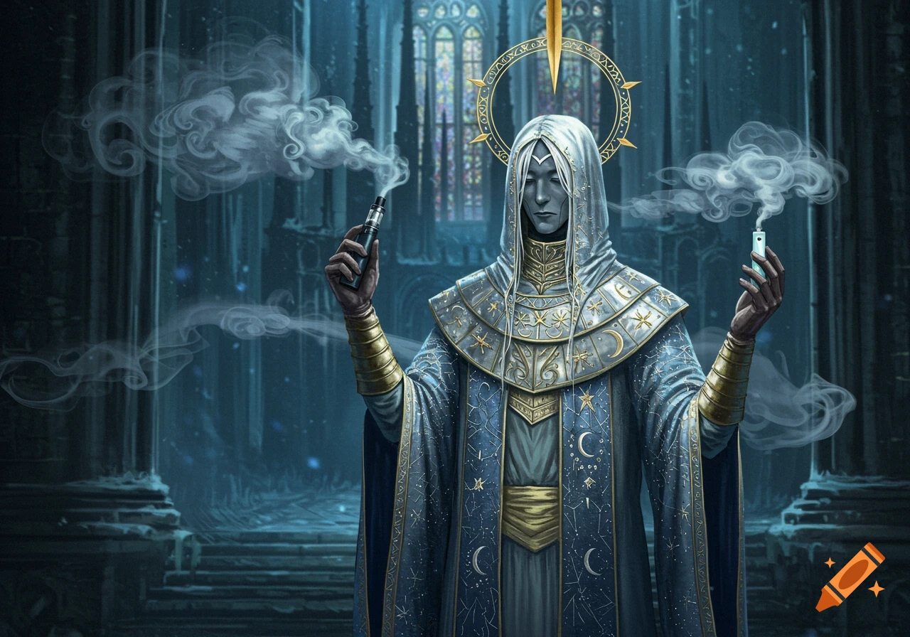 A hooded fantasy figure resembling Gwyndolin holds two vaping devices, surrounded by smoke in a dark, gothic cathedral.