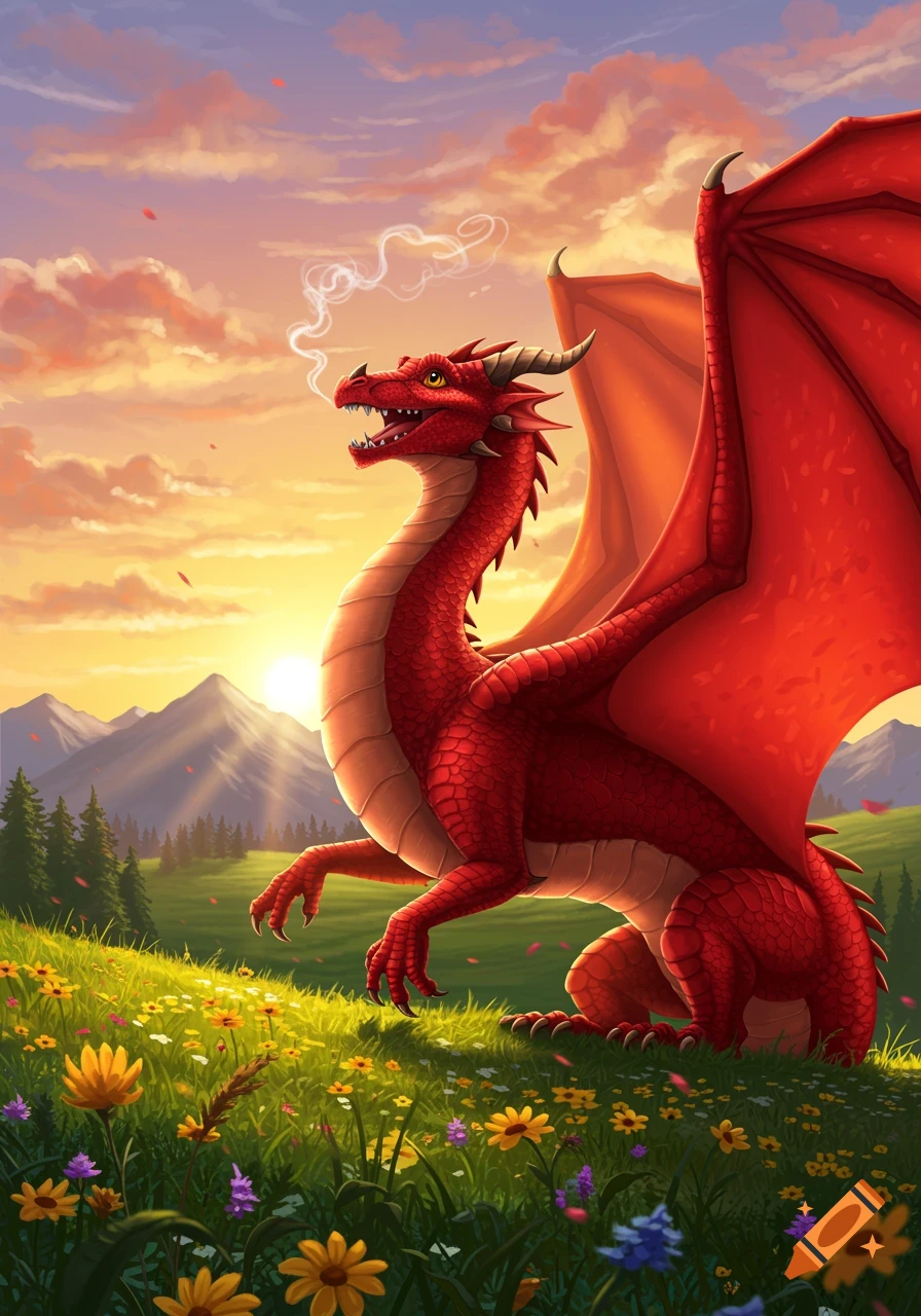 A happy red dragon exhales smoke in a vibrant green field with yellow flowers under a sunset sky with mountains.