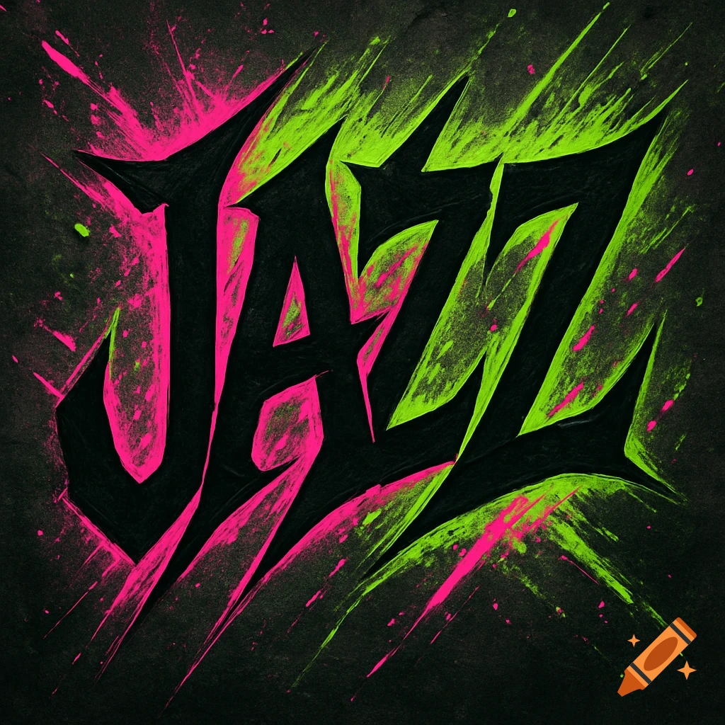 Bold, stylized 'JAZZ' text in neon pink and green on a dark background with paint splatters, punk style.