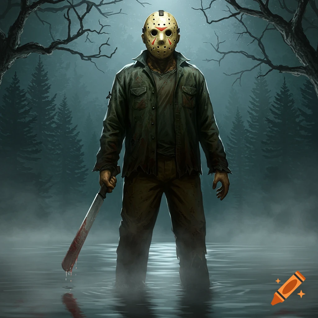 Jason Voorhees stands in murky water holding a blood-stained machete, surrounded by dark trees under a misty sky. Illustrated in a dark, atmospheric style.