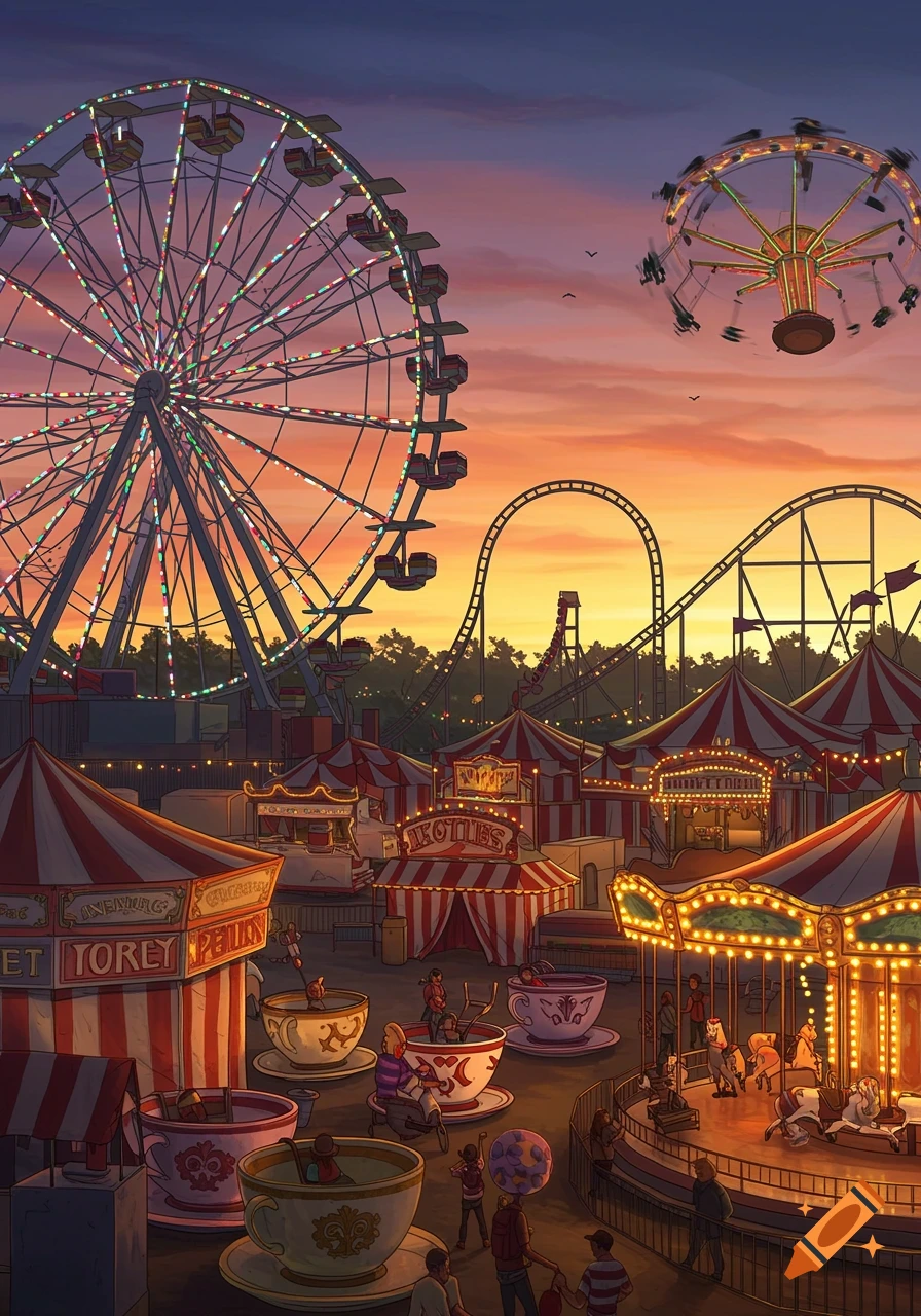 An illustrated nighttime view of a bustling amusement park with a Ferris wheel, roller coaster, carousel, and tea cup rides at sunset.